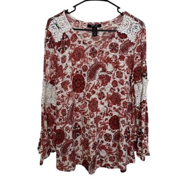 Style & Co | Auburn Rust Peasant Top Floral Flare Sleeve Crochet Petite Medium - Picture 2 of 7